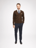 The sweater buttons up at the front
